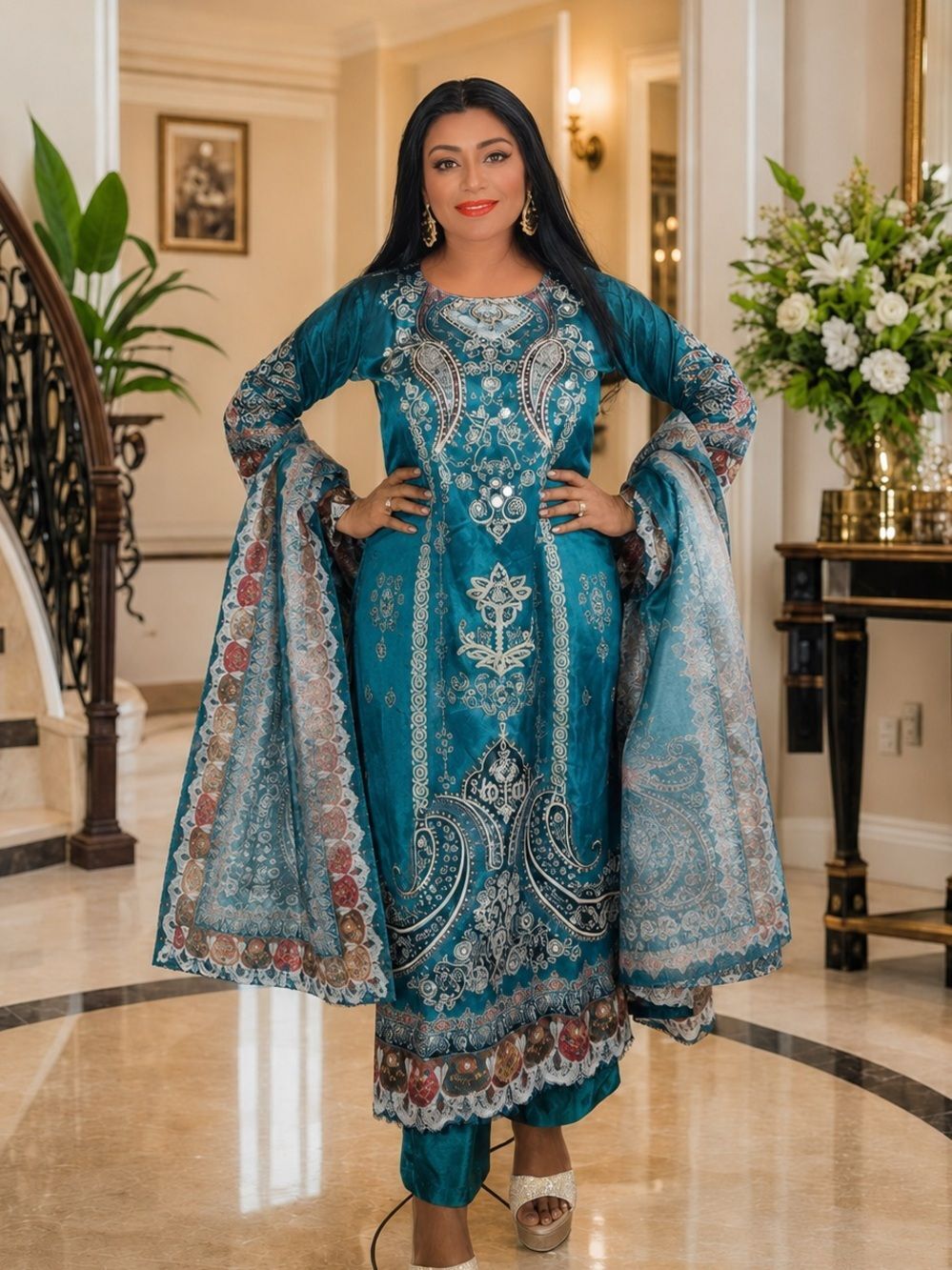 Teal Floral Embroidered Women's SILK Kurta with Matching Dupatta Large